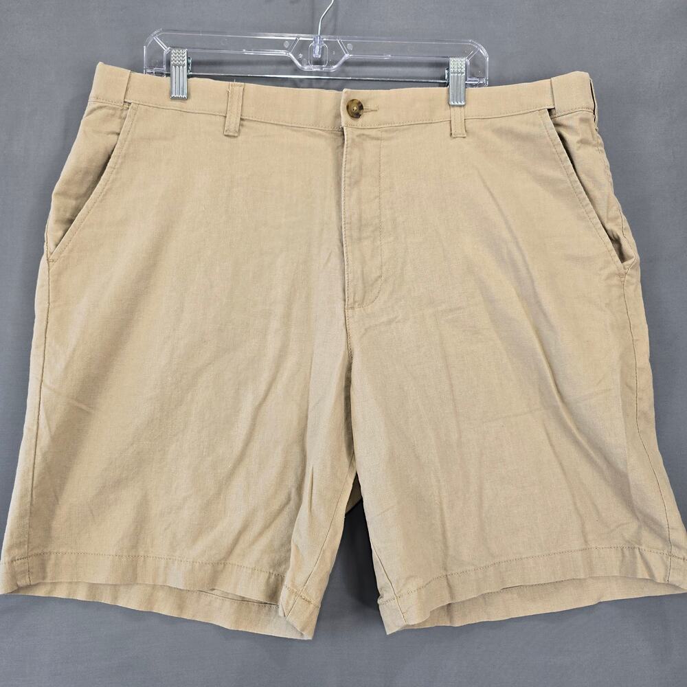 Croft Barrow Tan Khaki Linen Shorts Classic Flat Front Stretch Waist Men Size 40